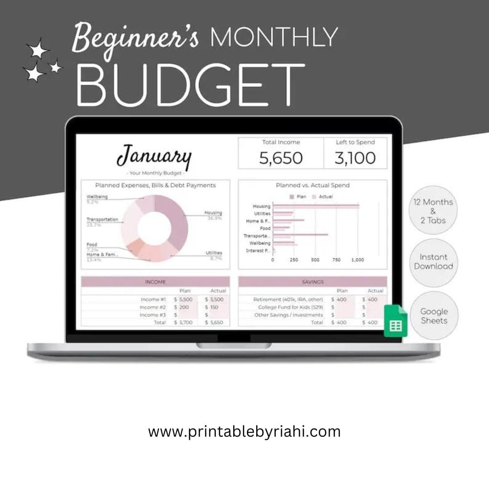 Beginner's Monthly Budget Spreadsheet | Simple Annual Budget | Personal Finances Excel | Easy Google Sheets | Financial Planner