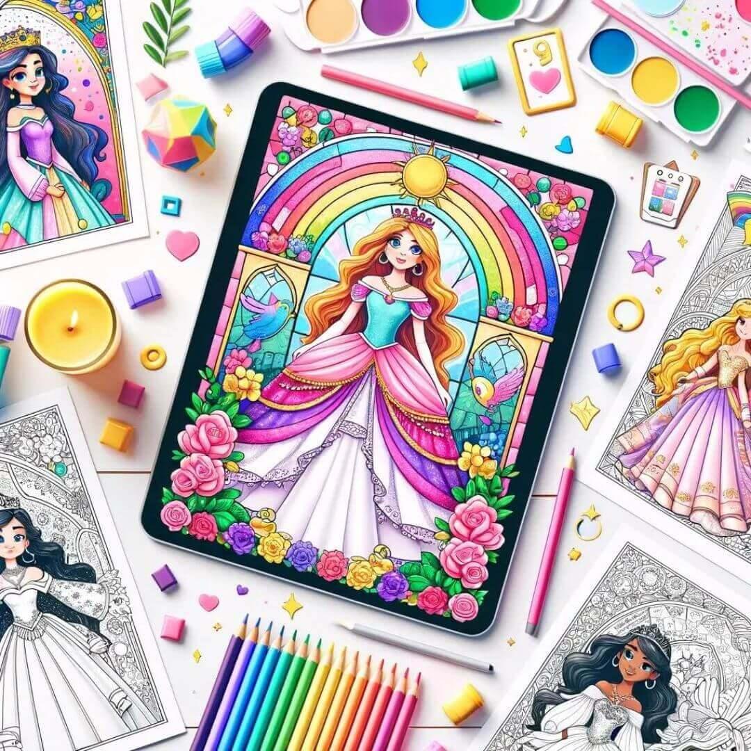 Assorted princess coloring pages with diverse themes for creativity.